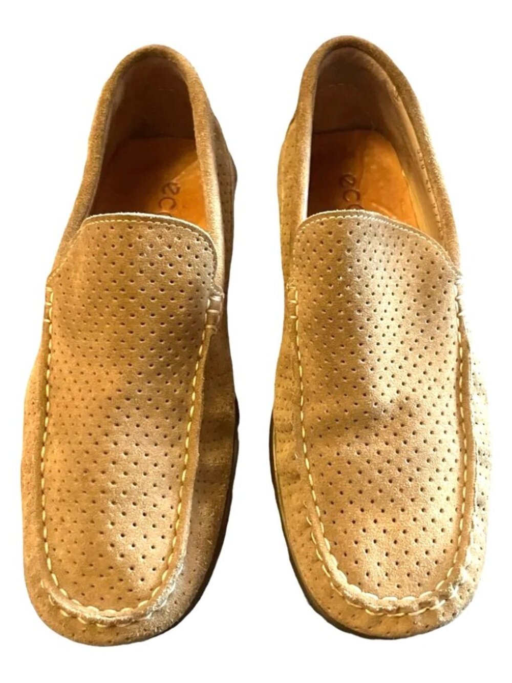 Ecco Extra-Width perforated nubuck suede tan moccasin unisex loafers, EU 40